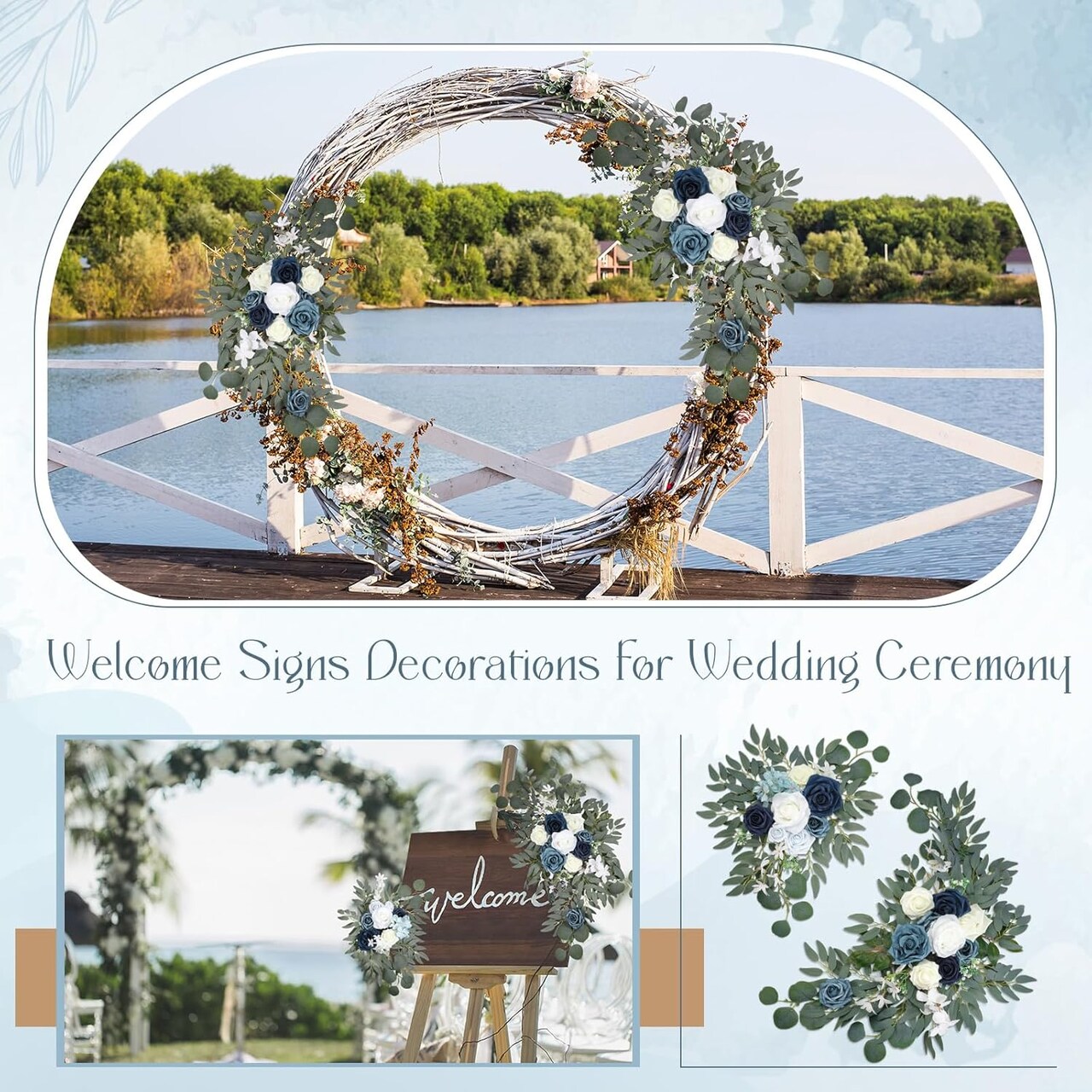 Wedding Arch Flowers Set of 4 – Artificial Deep Sea Blue Gradient Floral Swags with 10 Cable Ties & 8 Clips – Faux Flower Decorations for Ceremony, Reception, Party, and Welcome Sign Backdrops